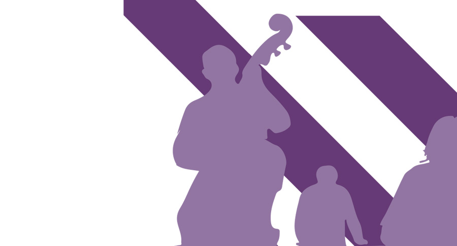 Vit och lila bild med siluetter av musiker.